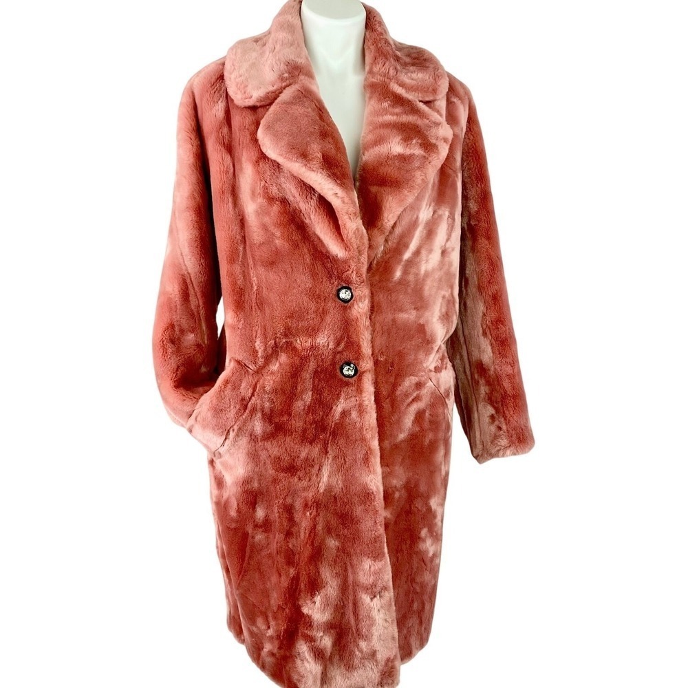 SHRIMPS Faux Fur Coat M UK10 US6 Emon Pink Crystal Button Longline Designer Rare